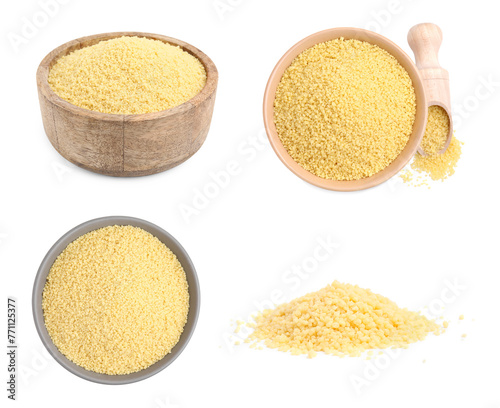 Raw dry couscous isolated on white, set