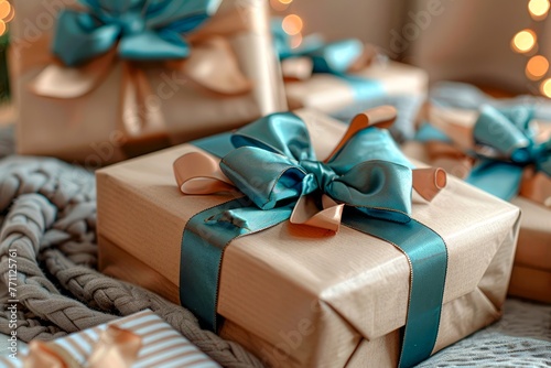 Elegant Wrapped Gift Boxes with Blue Ribbons on Cozy Knitted Background Surrounded by Warm Lights