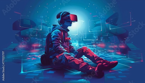 concept of virtual reality technology, graphic of a gamer wearing VR head-mounted playing game