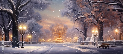 A snowy park with trees and street lights under the night sky, creating a picturesque winter scene in the natural landscape