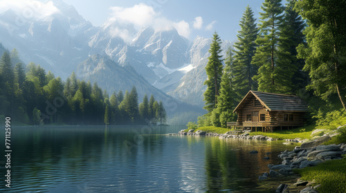 A cabin is situated on a lake surrounded by trees