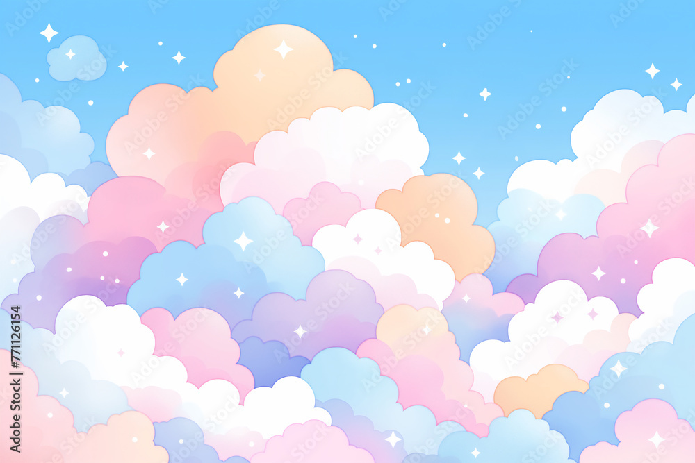 パステルカラーの雲と星のファンタジックな背景