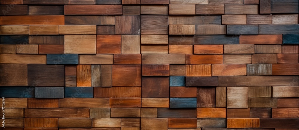 A closeup of a brown wooden wall constructed with rectangular wooden blocks, showcasing the hardwood flooring material. The wood stain enhances the brick pattern of the wall A closeup of a brown wooden wall constructed with rectangular wooden blocks, showcasing the hardwood flooring material. The wood stain enhances the brick pattern of the wall