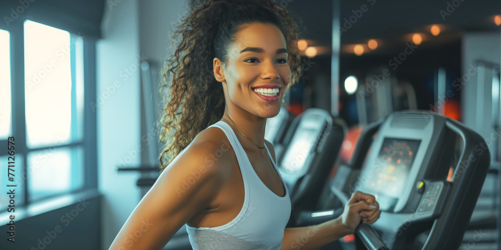 Fototapeta premium Smiling Woman Exercising on Treadmill in Modern Gym Environment