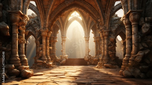 Medieval gothic corridor with columns. photo
