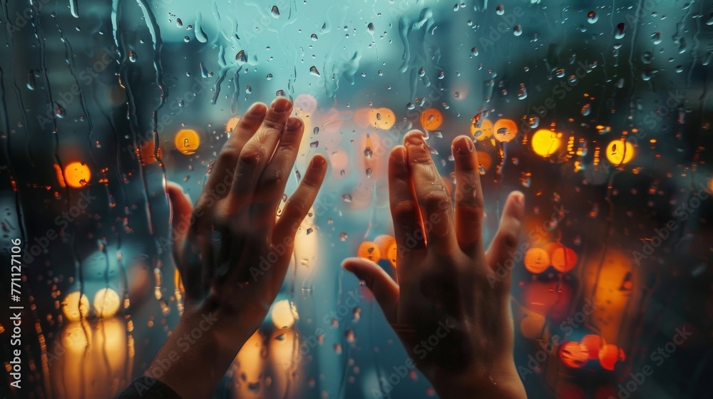 A pair of hands pressing against a rainsoaked glass trying to catch a glimpse of the city streets outside as the rain falls in a hazy curtain. - obrazy, fototapety, plakaty 