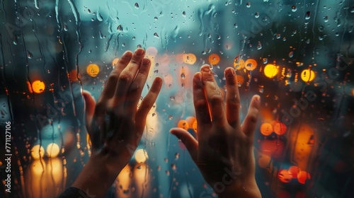 A pair of hands pressing against a rainsoaked glass trying to catch a glimpse of the city streets outside as the rain falls in a hazy curtain.