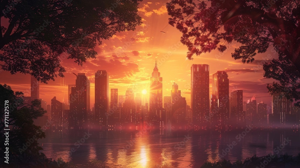 The unique contrast of nature and manmade structures as the glowing city skyline meets the subtle colors of the setting sun creating a breathtaking and almost otherworldly