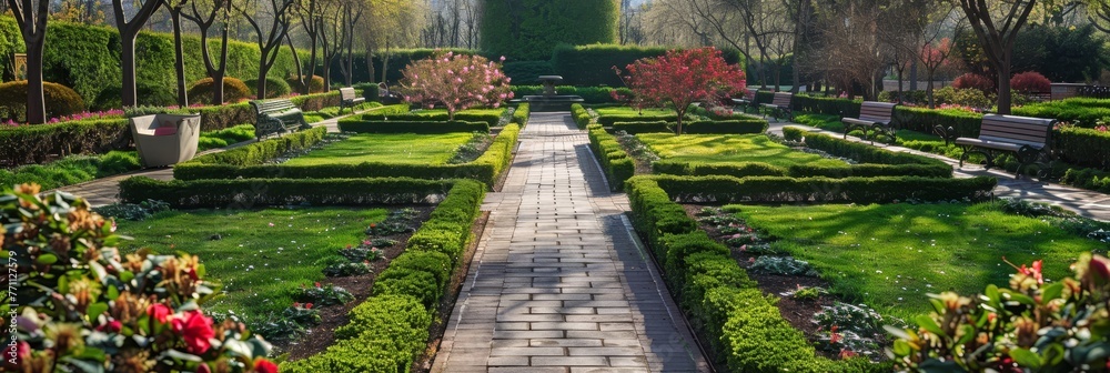 Obraz premium A Serene Spring Day Unfolds in the Heart of the City, Where Symmetrically Arranged Floral Beds and Neatly Trimmed Hedges Create a Breathtaking Formal Garden Oasis