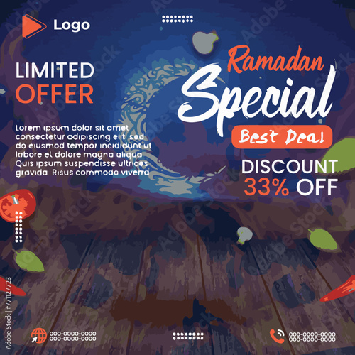 Ramadan kareem special food deal instagram and social media post and banner template | Ramadan kareem holiday of islamic with mosque background photo