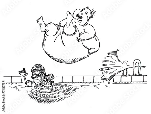Obese fat man jumps off a diving board into a swimming pool and is going to land on top of a small child.
