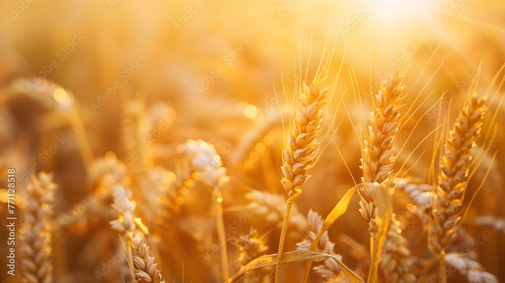 Wheat field in the morning at sunrise in the sun. Ripe gold ears of cereals glow in the rays of sunlight.
