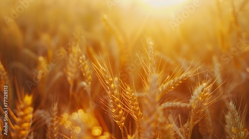 Wheat field in the morning at sunrise in the sun. Ripe gold ears of cereals glow in the rays of sunlight. 