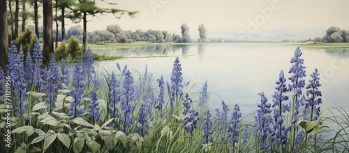 An art piece depicting a serene lake with a backdrop of trees, adorned with purple flowers in the foreground. Capturing the beauty of nature and tranquility of the natural landscape © AkuAku
