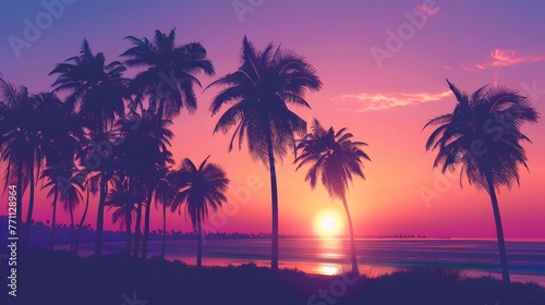 Luxurious tropical beach landscape. Silhouettes of palm trees against sky at sunset or dawn. © Ziyan