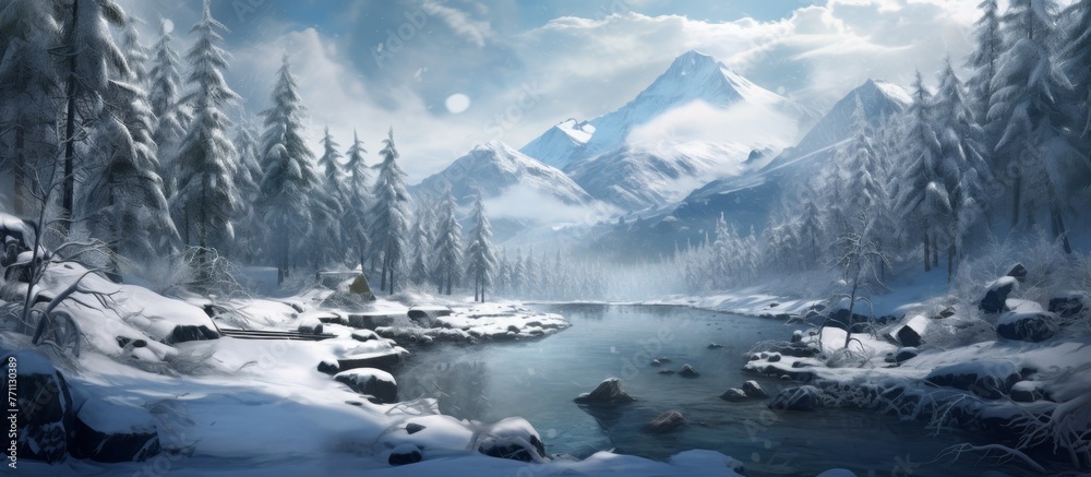 A serene river runs through a snowy forest with majestic mountains in the background, creating a picturesque natural landscape with ice caps and snowcovered trees