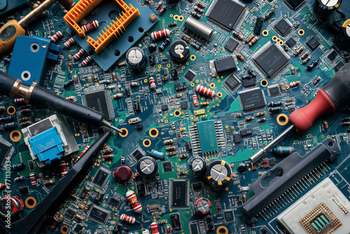 Closeup View of Circuit Boards Filled with Electronic Components and Tools