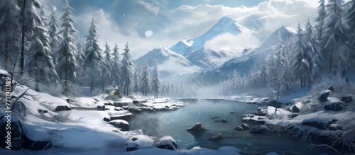 A serene river runs through a snowy forest with majestic mountains in the background  creating a picturesque natural landscape with ice caps and snowcovered trees