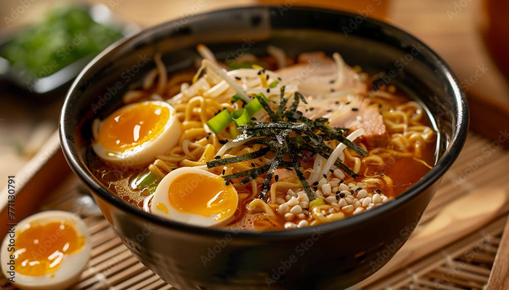 Authentic Japanese Ramen with Rich Broth, Noodles, Soft-Boiled Egg, and Sliced Pork, Garnished with Green Onions and Seaweed, Perfect for a Warm and Flavorful Meal