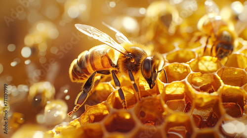 A bee buzzing around a hive made of golden honeycombs, © FoxGrafy