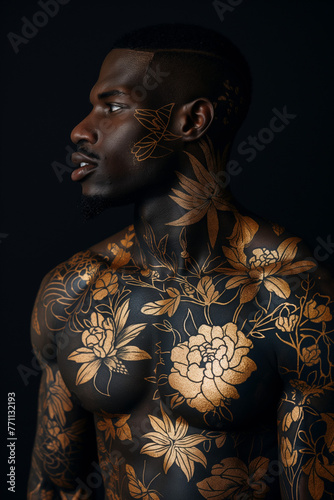 Fashion style beautiful person, artistic tattoo abstract floral painting, fashion trend, beautiful woman, handsome man, catwalk model beautiful body, beauty, elegant