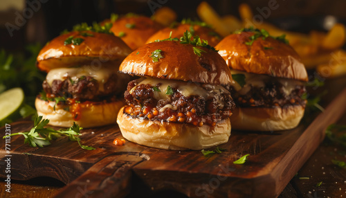 Delicious Mini Sliders with Juicy Beef Patties, Melted Cheese, Lettuce, and Tomato on Fresh Buns, Perfect for Parties or a Casual Dining Experience