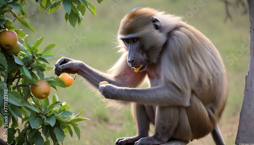a-baboon-eating-fruits-from-a-tree-using-its-dext- 3 photo