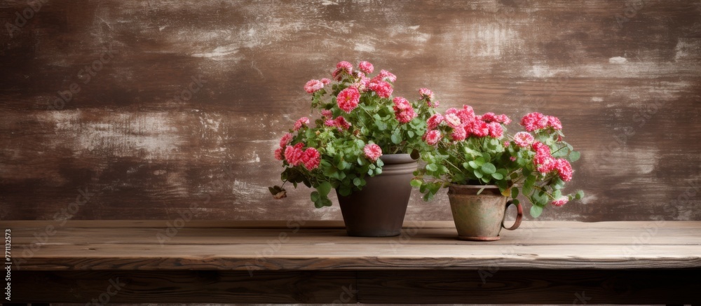 Two houseplants are displayed in flowerpots on a wooden table, adding a touch of nature to the rooms decor Two houseplants are displayed in flowerpots on a wooden table, adding a touch of nature to the rooms decor