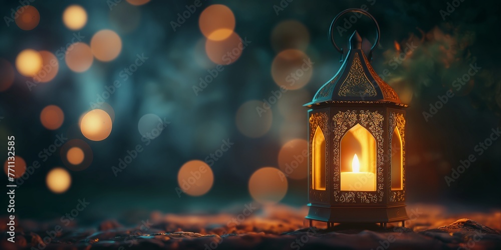 Ramzan Kareem and the idea of Eid Mubarak, an Islamic holiday, are celebrated with a light-colored lantern. - obrazy, fototapety, plakaty 