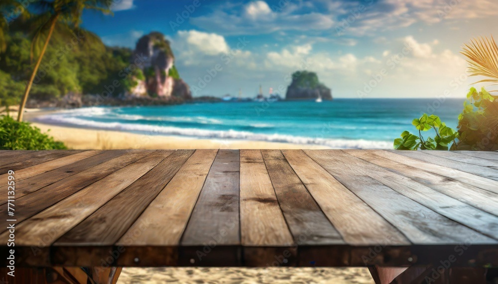 empty wooden table set against a serene beach background, juxtaposing tranquility and rusticity, natural light to enhance the coastal ambiance, beach with wooden jetty