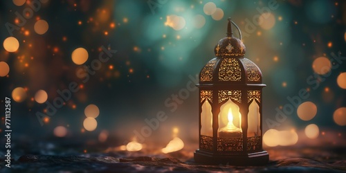 Ramzan Kareem and the idea of Eid Mubarak, an Islamic holiday, are celebrated with a light-colored lantern. photo