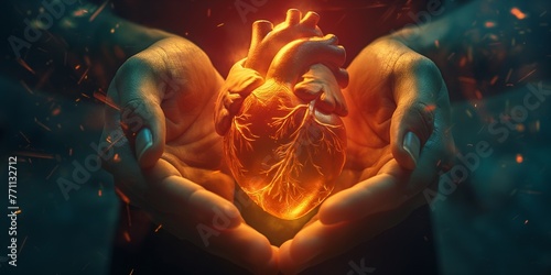 radiant human heart in the palms of the hands