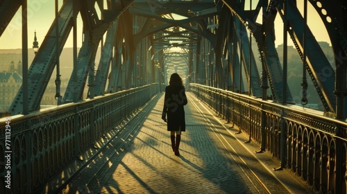 A young woman walking across a pedestrian bridge admiring the intricate designs and architecture of the bridge as well as the view of the city below.