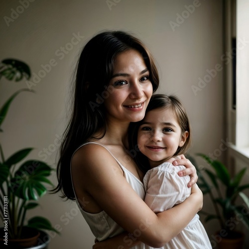 mother and daughter hugging each other looking and smiling in a well-lit room with various plants in the decoration