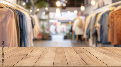 Blank wooden counter board on blurred clothing store background with copy space, for product display and small business backgrounds. photo