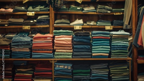 Stacks of folded clothing displayed on the shop shelves  store shopping backgrounds  used clothes store background.