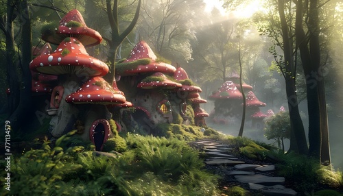 Mushroom Houses in a fantasy Forest
