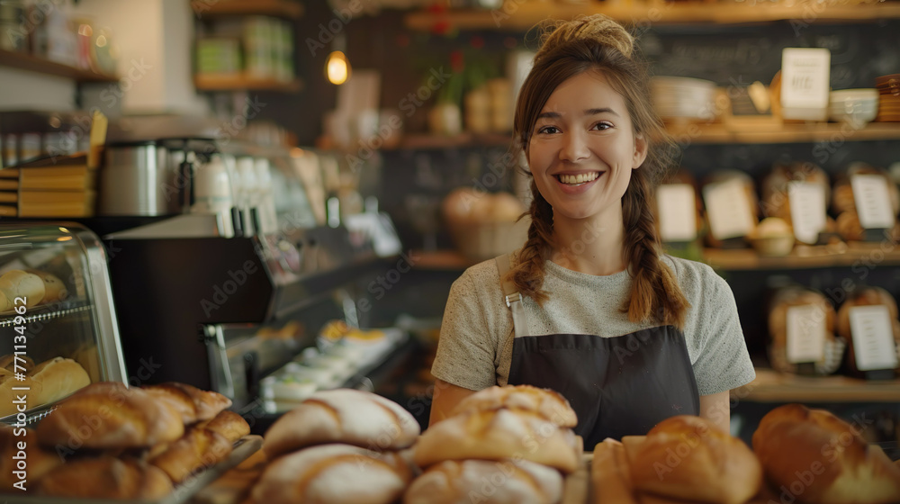 Beautiful woman, small business owner Doing a bread making business white bread, whole wheat bread croissants, brioche, and baguettes.