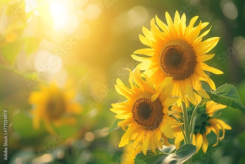 Beautiful sunflowers with blurred gradient spring nature background image.