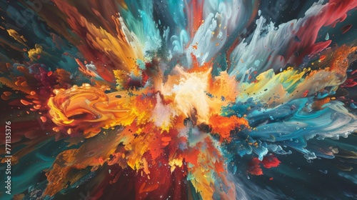 Bold and intricate patterns emerge from explosive bursts of color in this artwork