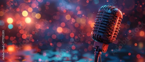 Microphone illustration, bokeh background, music and podcast concept. Generative AI