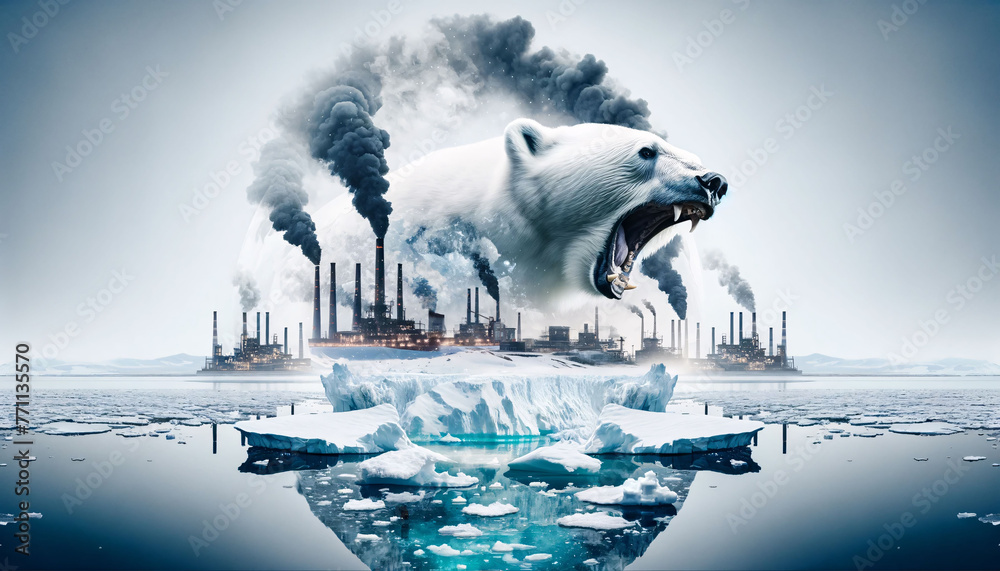 Roaring Polar Bear and Melting Iceberg Amidst Pollution - obrazy, fototapety, plakaty 