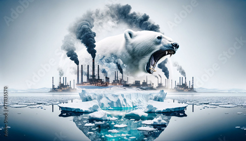 Roaring Polar Bear and Melting Iceberg Amidst Pollution