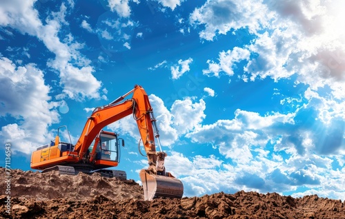 excavator in the sky, digging dirt on land
