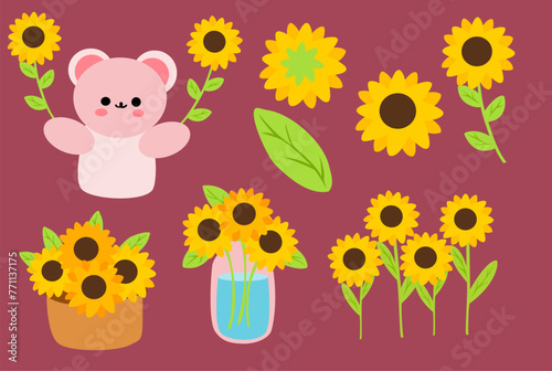 cute bear and sun flower