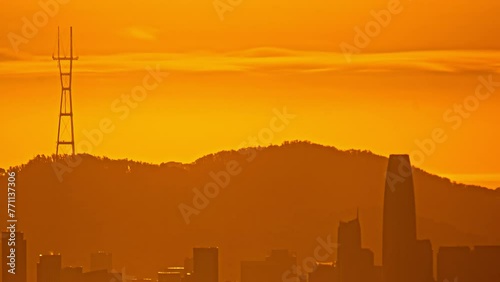 Timelapse, Golden Hour Above San Francisco Downtown and Nob Hill, California USA photo