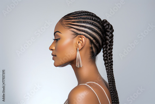 Elegant Side Profile of African American Woman with Braids on Gray Background.