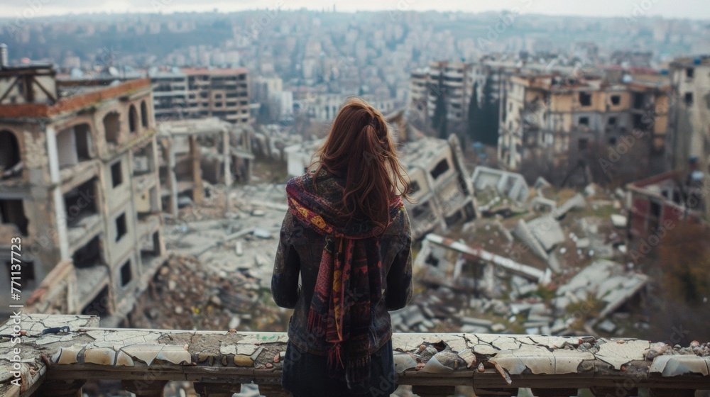 A woman stands on a broken balcony gazing out into the distance with back to the camera. The ruins of the city spread out behind . .