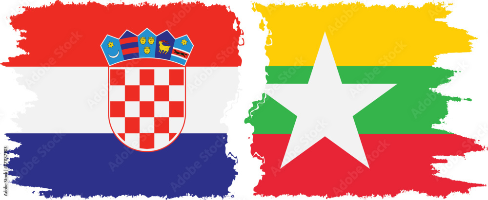 Naklejka premium Myanmar and Croatia grunge flags connection vector