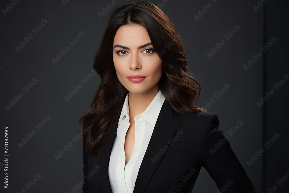 Confident Businesswoman in Black Blazer Posing on a Dark Background. Confident Businesswoman in Black Blazer Posing on a Dark Background.